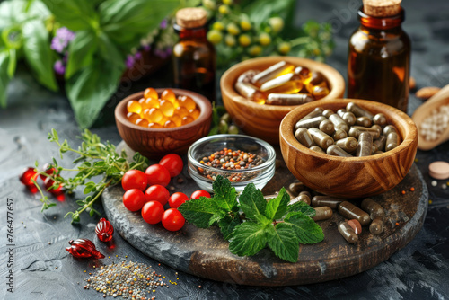 A wooden tray with a variety of herbs and supplements © expressiovisual