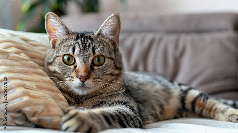Inquisitive Tabby Cat Resting on Soft Pillows, Captivating Feline Gaze