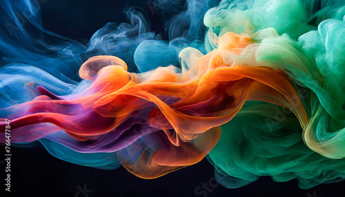 Dynamic dance of colorful smoke, intertwining in a graceful ballet. Vibrant mix of blue, green, red, and orange hues. photo