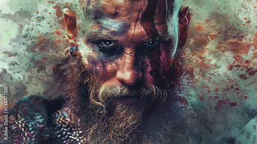 Viking fighter warrior in mixed grunge colors style illustration.