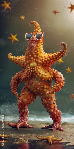 A starfish, a giant, an animal with glasses. Anthropomorphic concept, 3d, background image for mobile phone, ios Android, banner for instagram stories vertical wallpaper