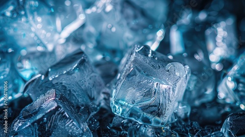 Textured Geometric Ice Cubes Glistening on a Wet Dark Surface with a Moody Ambience
