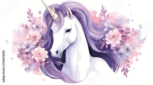 Watercolor portrait of a purple unicorn with white