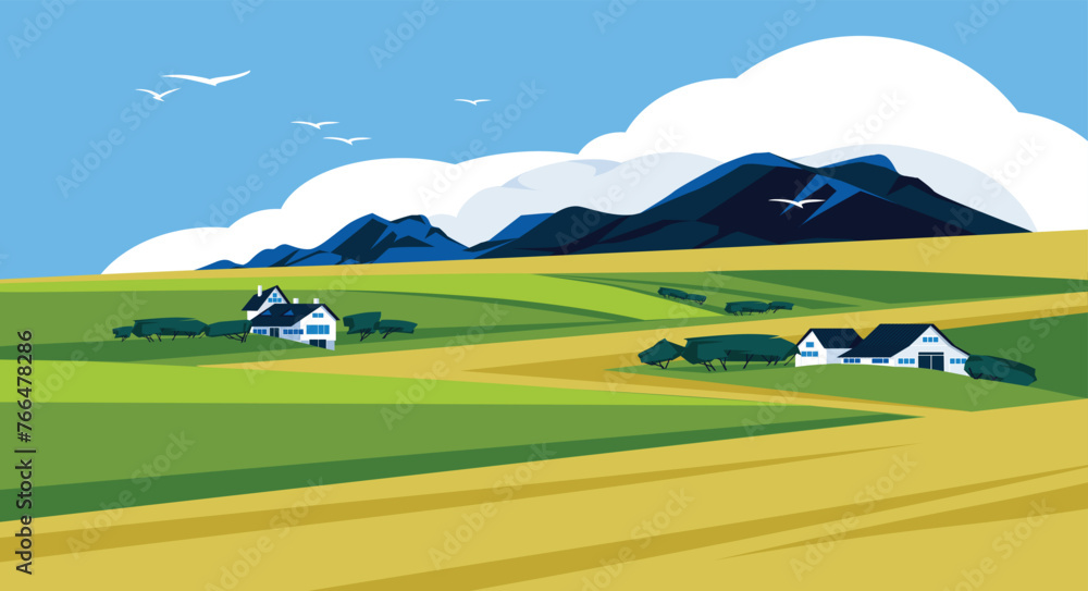 Estates in the green valley. Rye fields. Mountains on the horizon. Rural idyll. Concept of agriculture and environment. Summer or spring landscape. Flat vector.