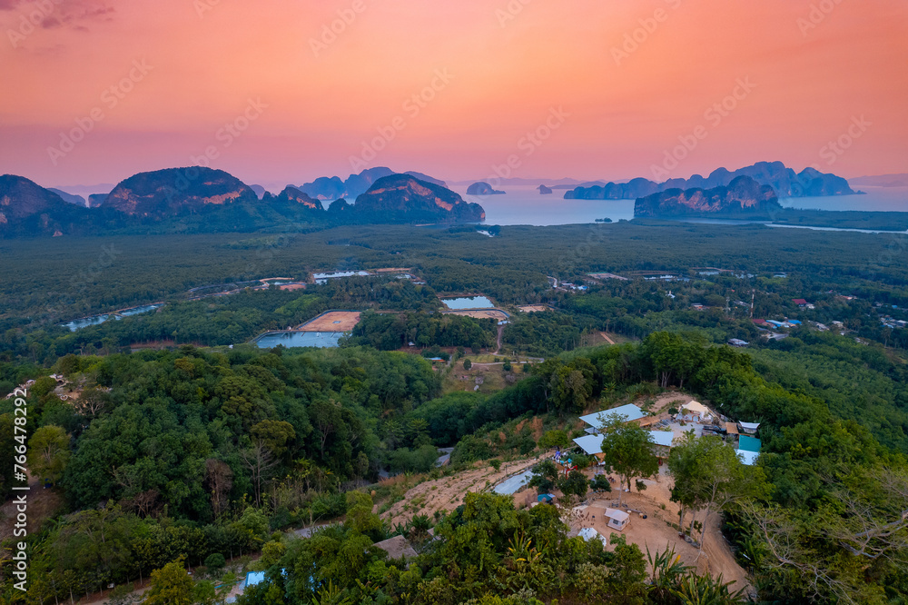 Beautiful aerial view nature landscape of Thailand, amazing sunset Phang Nga bay tropical tree