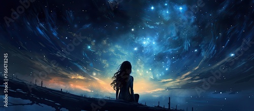 A woman is standing on top of a grassy hill, gazing up at the twinkling stars in the night sky