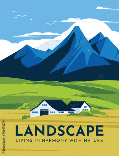 Lonely farmhouse on the mountain valley field landscape. Farming and environment poster. Flat vector illustration