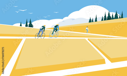 cyclists among a blooming yellow field. Minimalist landscape. Season vector flat illustration. Environment and ecological transport