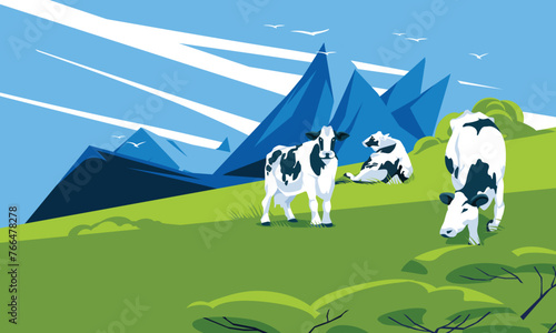 cows graze on a green mountain valley. The concept of dairy production. Ecological agriculture. Pets. Vector flat illustration