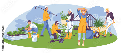Spring and summer garden work. Different people with garden tools. Greenhouse. Concept of seasonal works. Flat vector illustration