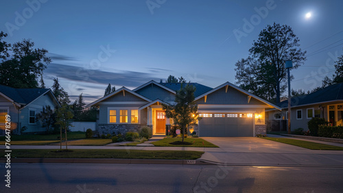 Night's serenity, a light gray Craftsman style house standing quiet in the suburban stillness, bathed in moonlight, streets silent, calm and serene