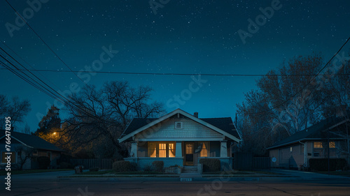 Nighttime's deep silence enveloping a pale indigo Craftsman style house, suburban tranquility under the starry sky, streets empty, calm and undisturbed