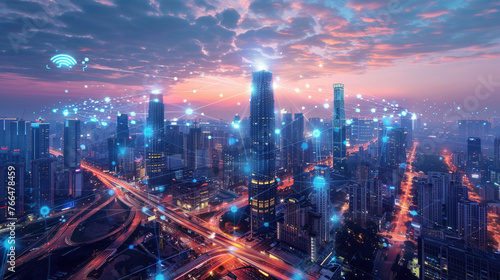 Futuristic Smart City Infrastructure with Interconnected IoT Devices photo