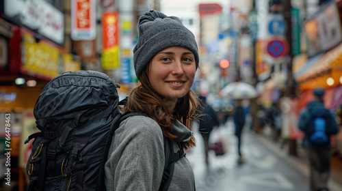 Female tourist backpacker with the shopping street in Tokyo, Japan as background. Concept of travel, vacation, tourism and holiday.