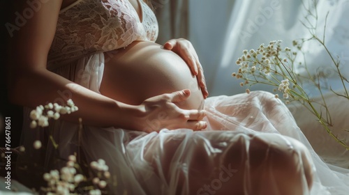 A pregnant woman dressed in a white dress is holding her belly. She is sitting on a bed with white flowers on either side of her.