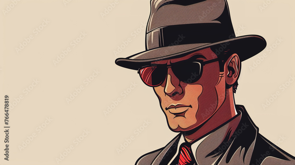 Detective, secret agent, spy, gangster, mafia or villain isolated on clean background in comic style illustration.