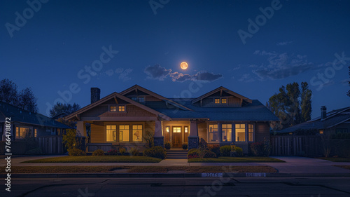 The profound stillness of a suburban night, a taupe Craftsman style house under the expansive night sky, streets quiet, lit by the soft glow of the moon