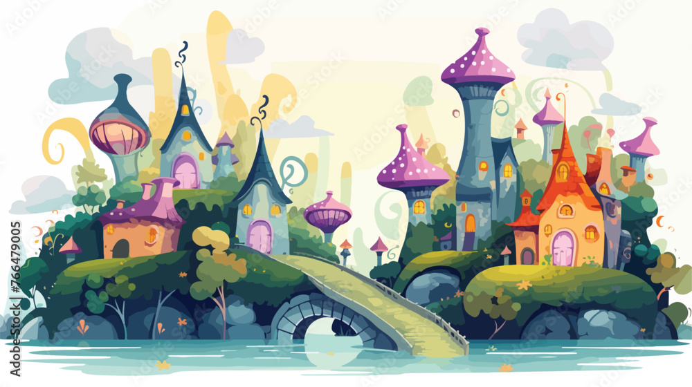 Whimsical Fairy Village Flat vector isolated on white