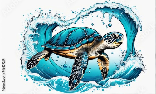 Turtle moves gracefully through water, its movements fluid, effortless. For fashion, clothing design, animal themed clothing advertising, as illustration for interesting clothing style, Tshirt design. photo