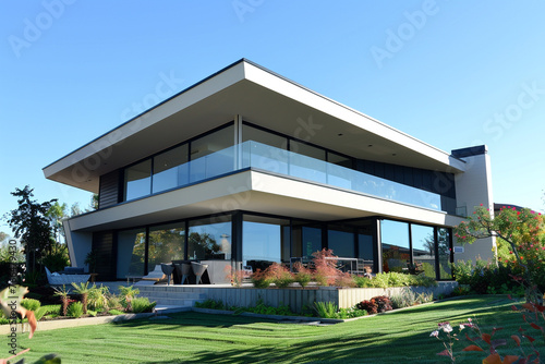A contemporary suburban house with a geometric design, flat roof, large glass windows, minimalist garden, clear sky, modern lifestyle, real suburbs house, © Counter