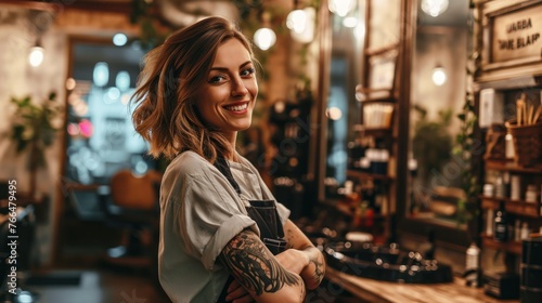A woman with tattoos stands in a barbershop, smiling with her arms crossed.