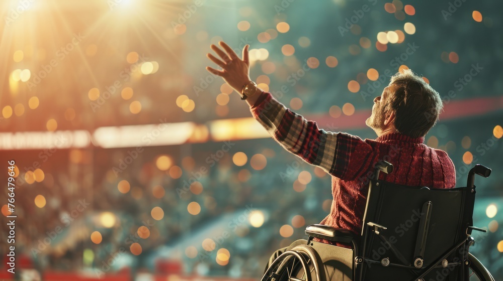 A man in a wheelchair raises his arms in a stadium full of people. - obrazy, fototapety, plakaty 