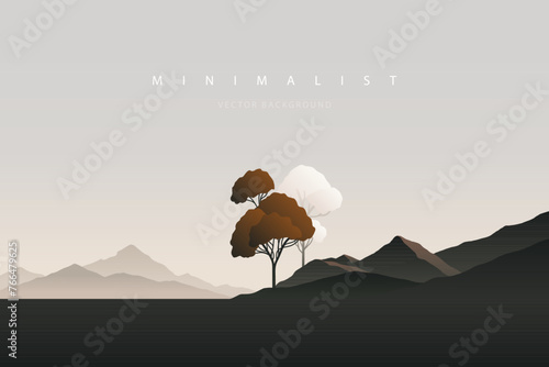 Minimal landscape art. Nature vector background. Abstract art wallpaper for prints, art decoration, wall arts and canvas prints. Peaceful horizon panorama, modern mountain scenery background