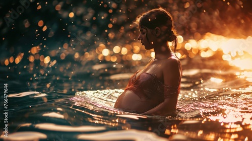 A pregnant woman wearing a red bikini sits in a body of water. The sun is setting and the water is sparkly.