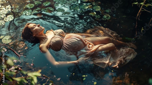 A pregnant woman in a dress lies on her back in a pond, surrounded by water lilies and sunlight.