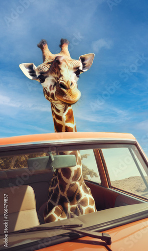 Portrait of a giraffe comfortably sitting inside a car