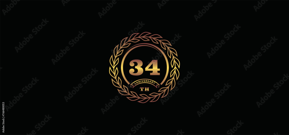 34st anniversary logo with ring and frame, gold color and black background 34st anniversary logo with ring and frame, gold color and black background