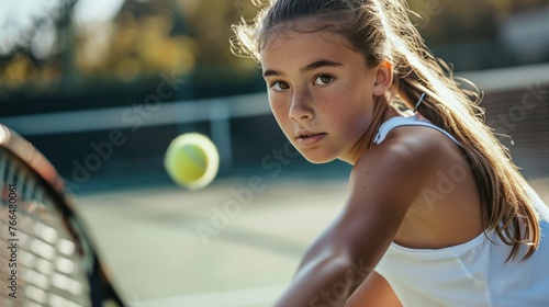 A young girl in a white T-shirt plays tennis on a sunny day. She is holding a tennis racket, which is partially visible on the left side of the image. © ProPhotos