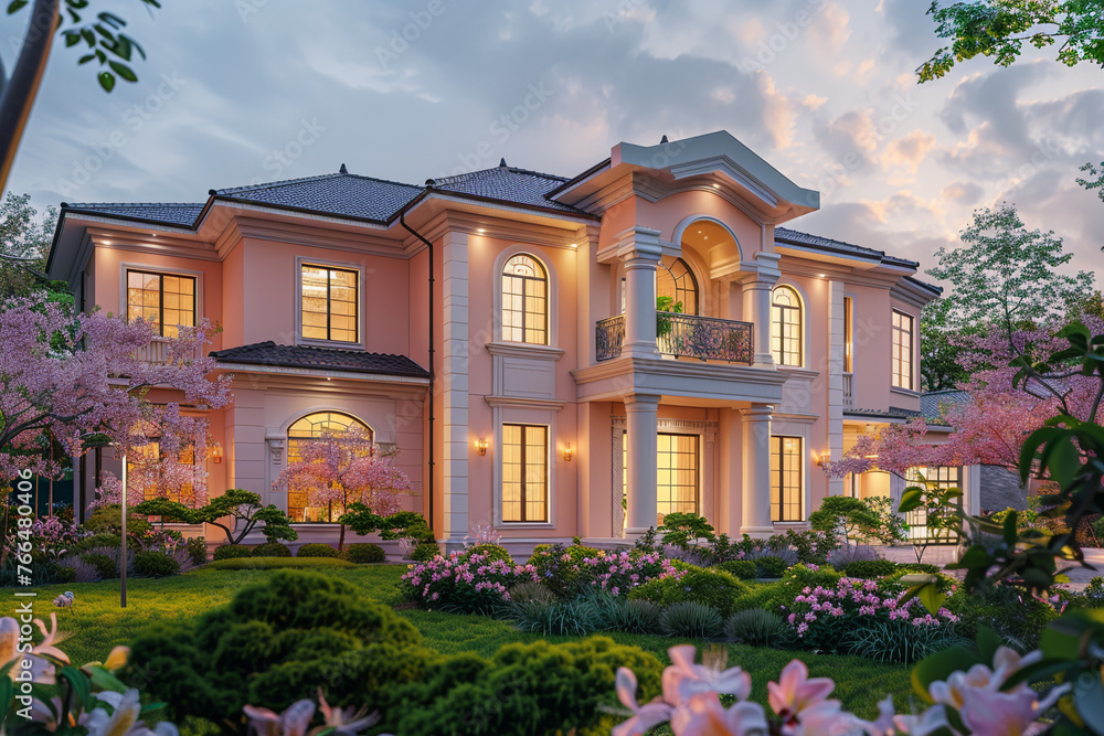 A large, newly constructed suburban house featuring an elegant, soft peach facade illuminated by the natural morning light, surrounded by a manicured garden with vibrant greenery and a 