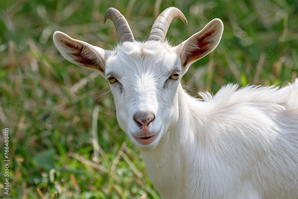 a white goat,grass in the background