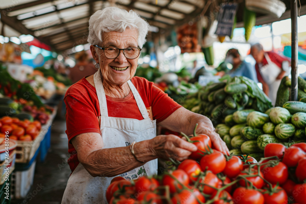 Cheerful elderly female vendor offering fresh tomatoes at outdoor market. Natural daylight photography. Organic farming and sustainable living concept. Suitable for advertising, editorial. Open air ma Cheerful elderly female vendor offering fresh tomatoes at outdoor market. Natural daylight photography. Organic farming and sustainable living concept. Suitable for advertising, editorial. Open air ma
