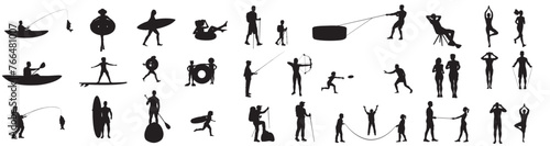 Vector illustration set of silhouette people enjoying summer vacation. Summer vacation holidays silhouette 