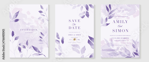 Luxury wedding invitation card template vector. Watercolor card with foliage, leaves branch on purple background. Elegant spring botanical design suitable for banner, cover, invitation.