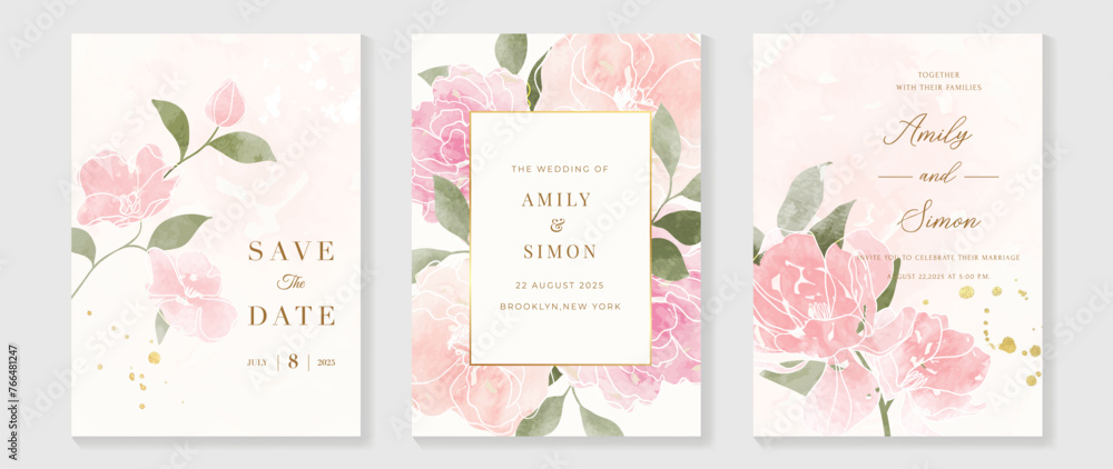 Luxury wedding invitation card template vector. Watercolor card with flower, foliage, gold glitter on pink and white background. Elegant spring botanical design suitable for banner, cover, invitation.