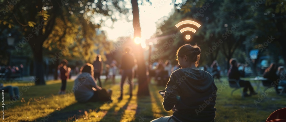 A dynamic scene in a public park, where a closeup of a smartphone screen shows the WiFi symbol connecting, with the backdrop of happy families and individuals enjoying the outdoors while staying digit A dynamic scene in a public park, where a closeup of a smartphone screen shows the WiFi symbol connecting, with the backdrop of happy families and individuals enjoying the outdoors while staying digit