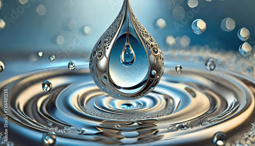 Illustration of a levitating water droplet with metallic silver and azure blue colors. AI generated.