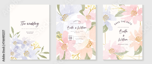 Luxury wedding invitation card template vector. Watercolor card with flower, foliage, gold texture on white background. Elegant spring botanical design suitable for banner, cover, invitation.