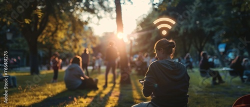 A dynamic scene in a public park, where a closeup of a smartphone screen shows the WiFi symbol connecting, with the backdrop of happy families and individuals enjoying the outdoors while staying digit