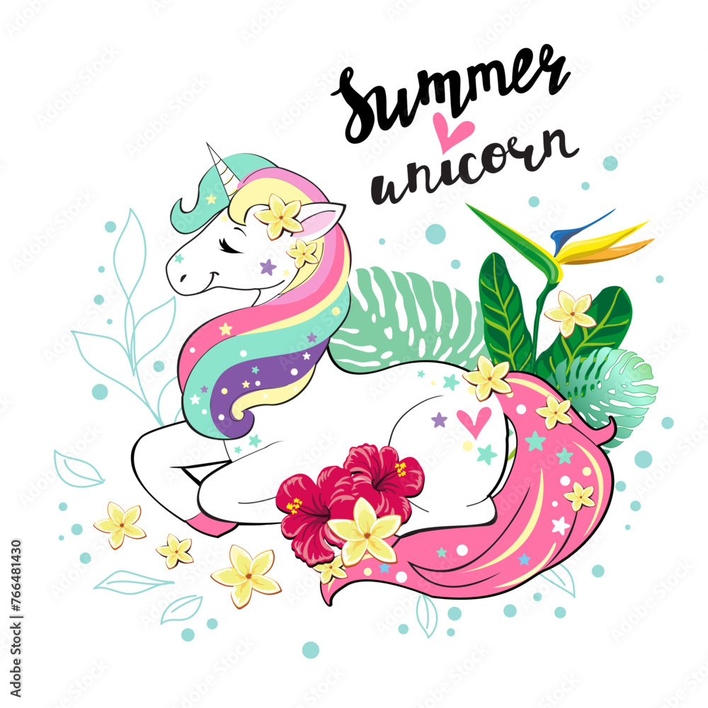 custom made wallpaper toronto digitalCute summer tropical unicorn and the inscription summer unicorn. Vector illustration of funny animals. Design for t-shirt