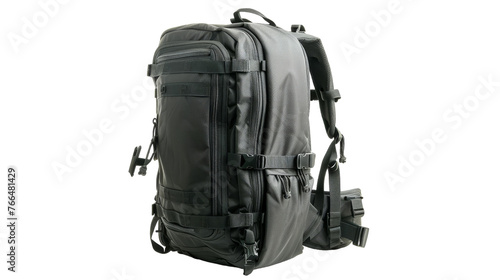 A sleek black backpack with sturdy straps hanging against a textured background