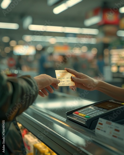 A minimalist image showcasing a credit card being handed over to a cashier at a supermarket, the focus on the exchange, against a clean, blurred background, providing a neutral space for messages abou photo