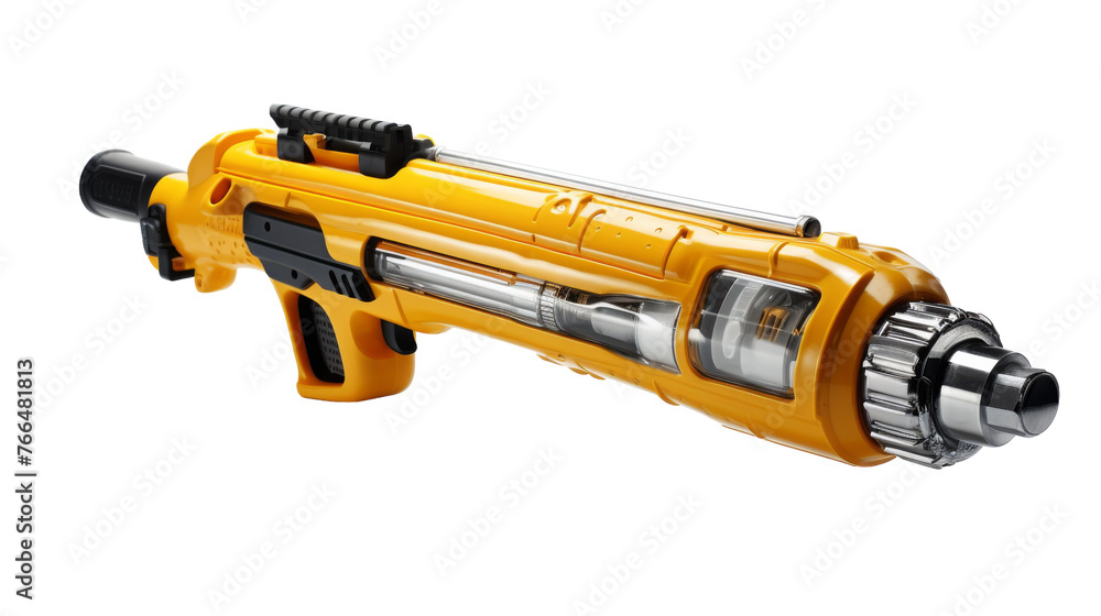 A playful toy gun in vivid colors against a white backdrop A playful toy gun in vivid colors against a white backdrop