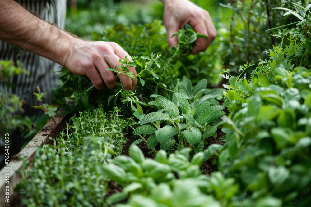 Hands Tending a Lush Herb Garden