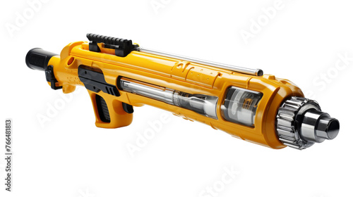A playful toy gun in vivid colors against a white backdrop