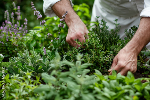 Hands Tending a Lush Herb Garden