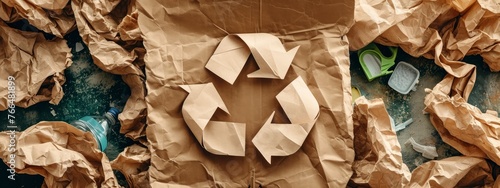 Crumpled brown paper and blue plastic with a recycle symbol, emphasizing the importance of waste sorting and recycling. photo